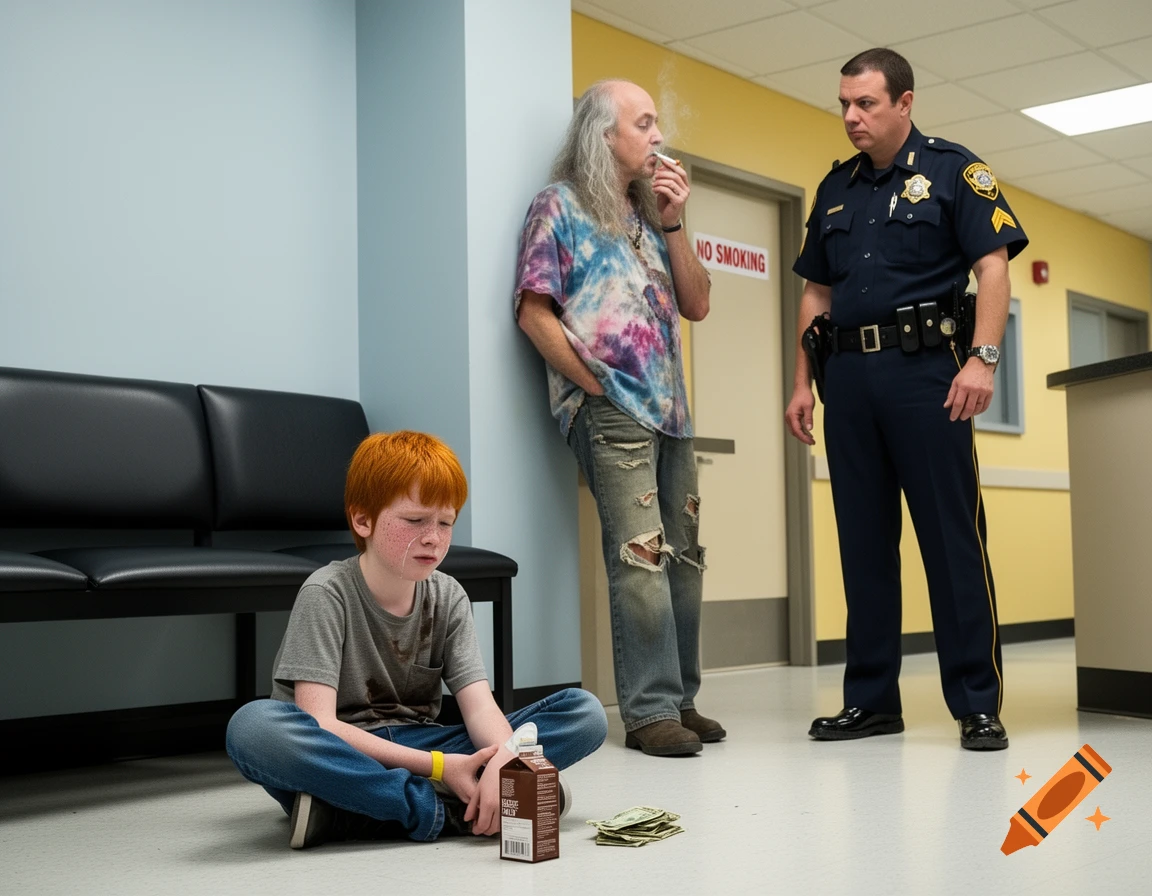 A red-haired boy cries on the floor with chocolate milk and money, while a man smokes and a police officer stands nearby.