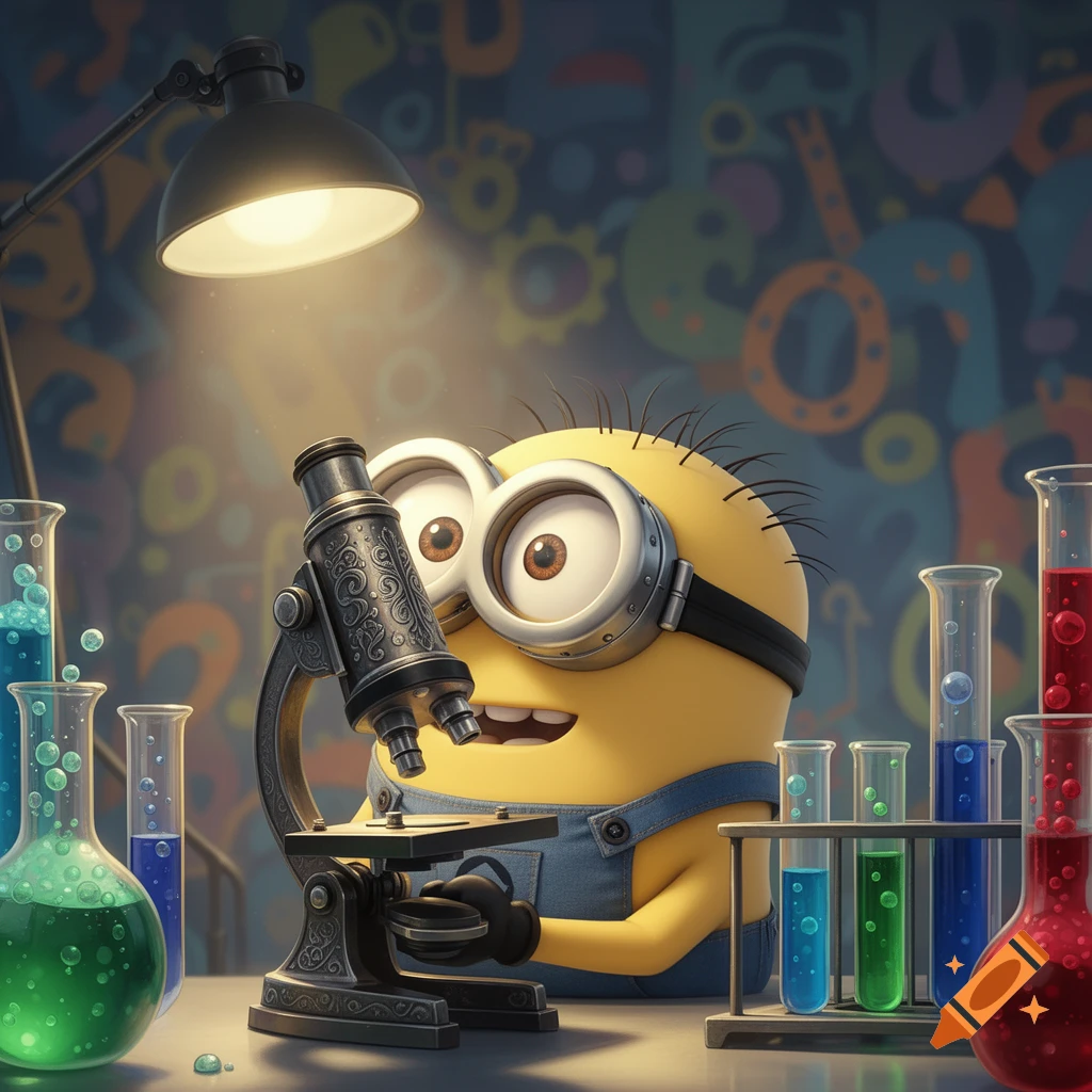 A Minion wearing goggles and overalls looks into a vintage microscope, surrounded by colorful test tubes and beakers in a lab under a bright lamp.