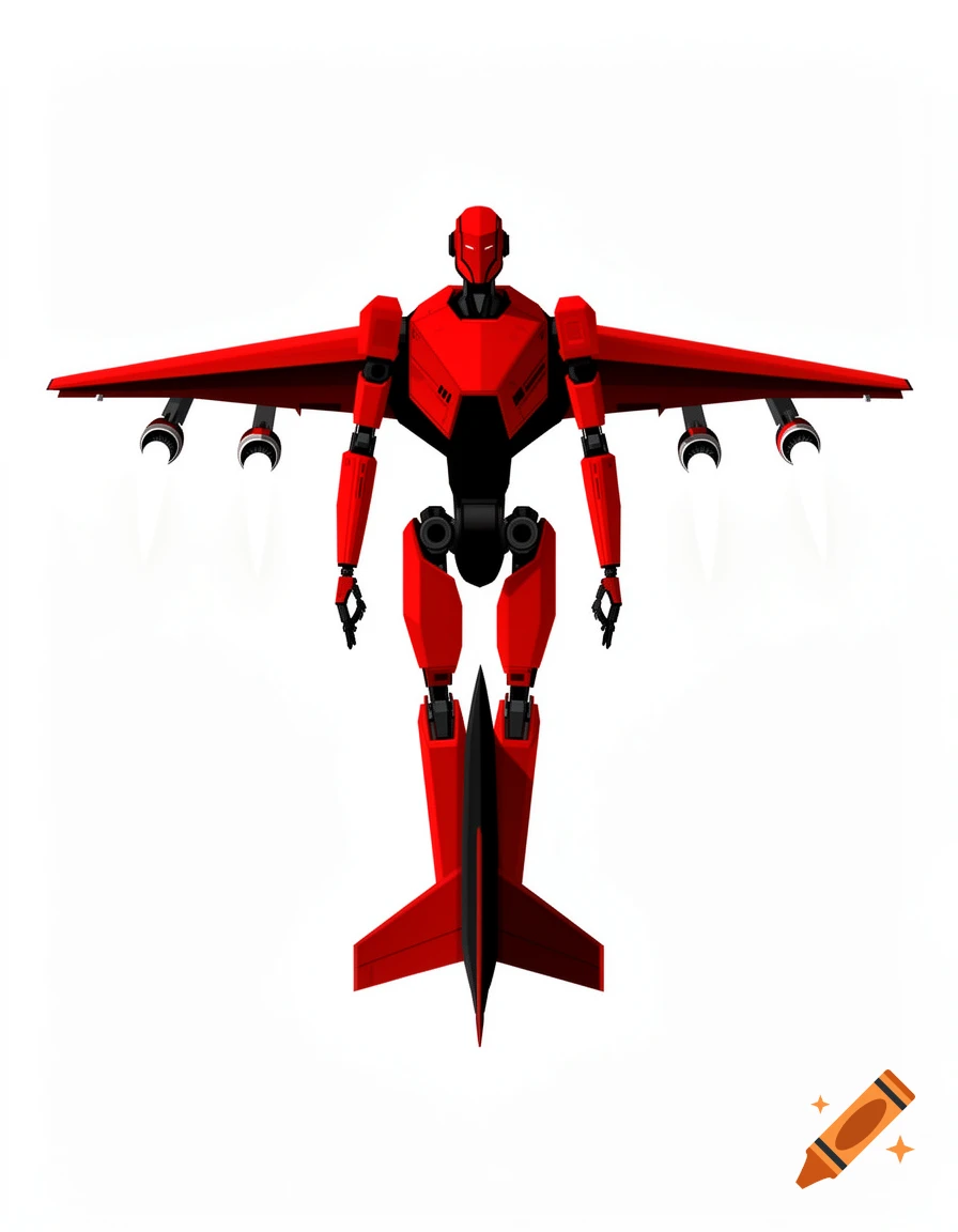 A full-body illustration of a red and black humanoid robot with jet aircraft features and large wings, on a white background.