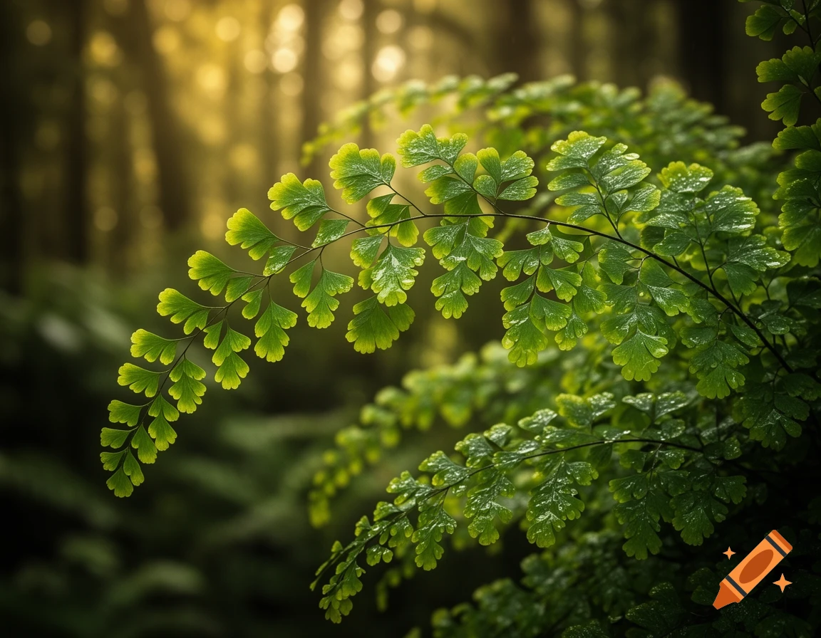Close-up of vibrant green maidenhair fern leaves with water droplets in a sunlit forest, photorealistic.