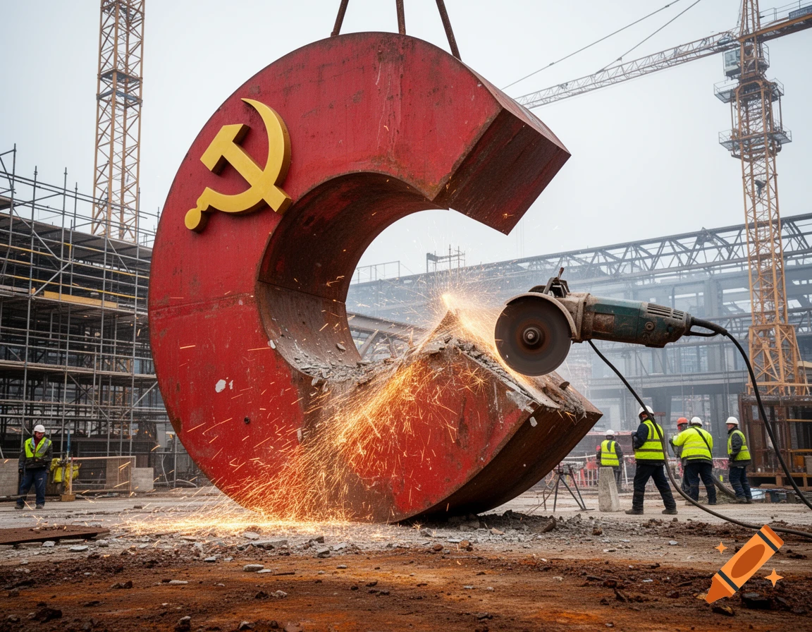 Workers cut a large red C-shaped structure with a yellow hammer and sickle symbol at a construction site, creating sparks.