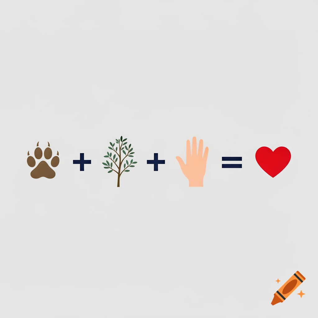 A visual equation showing a paw print, plus a small tree, plus a human hand, equals a red heart, on a light grey background.