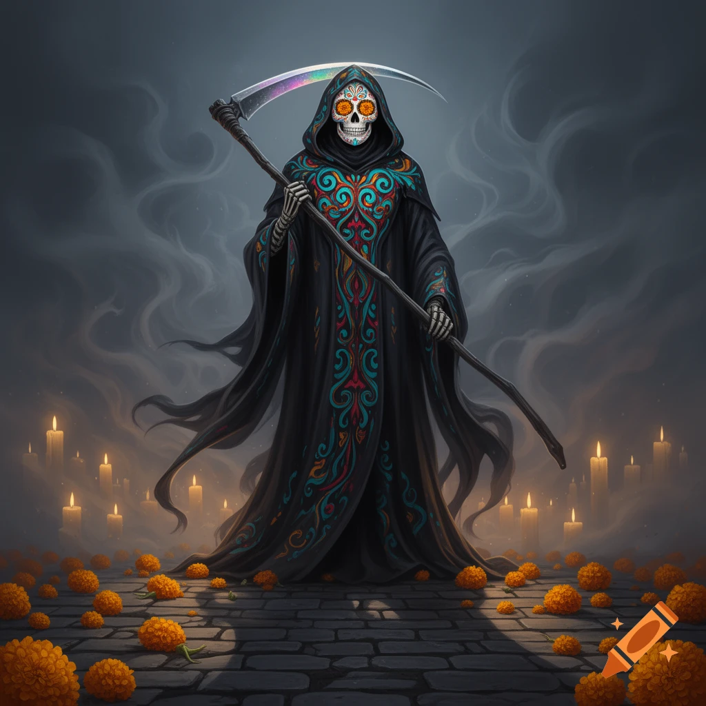 A stylized sugar skull grim reaper in a black robe with colorful patterns stands in a misty setting surrounded by lit candles and orange marigolds.