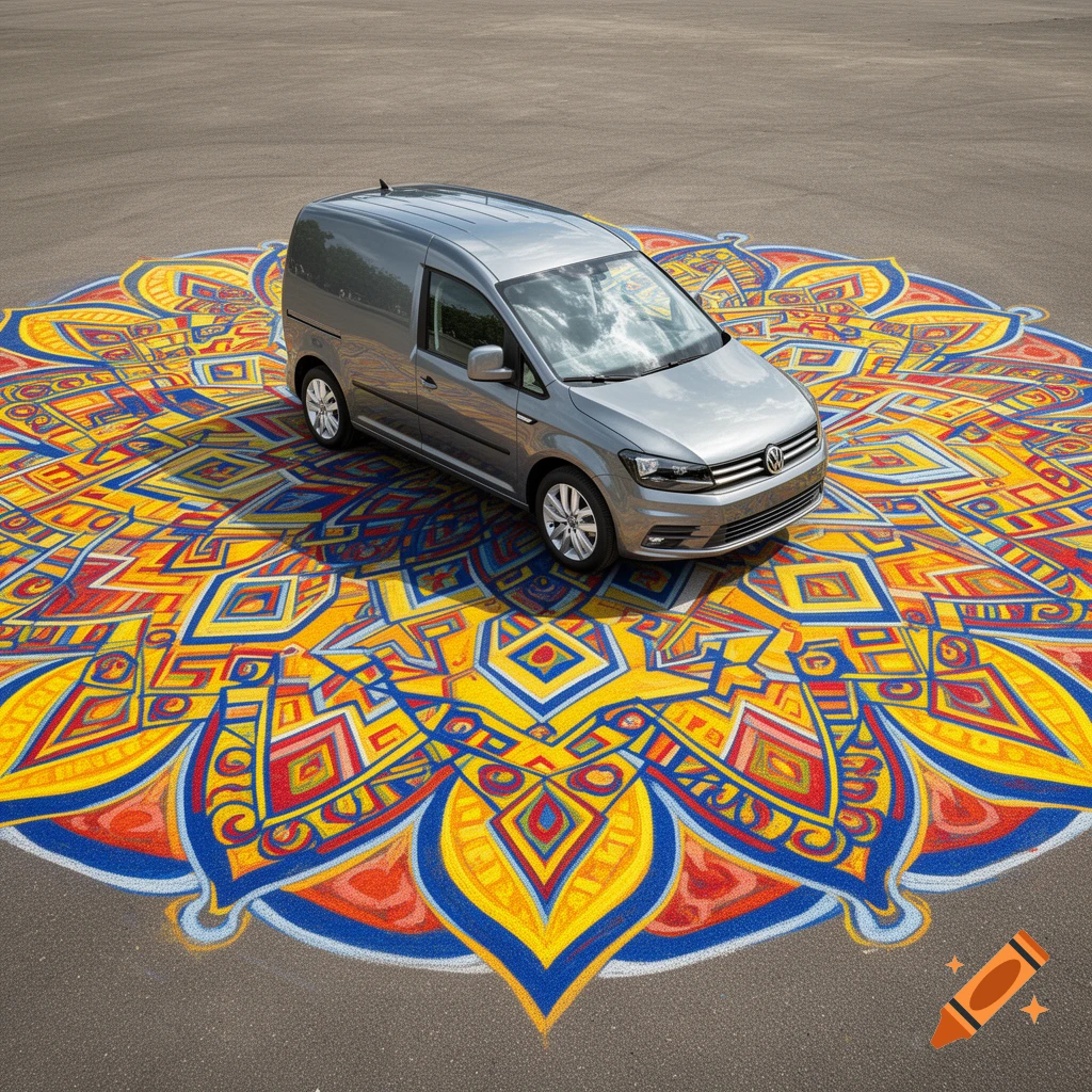 A grey Volkswagen van parked on a large, colorful mandala chalk art design on asphalt.