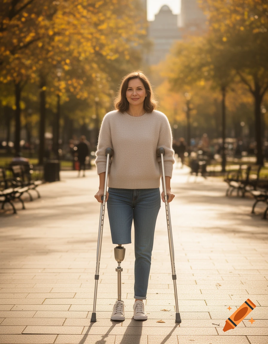 A smiling woman with a prosthetic leg and forearm crutches stands on a sunny park path with autumn trees and a city skyline.