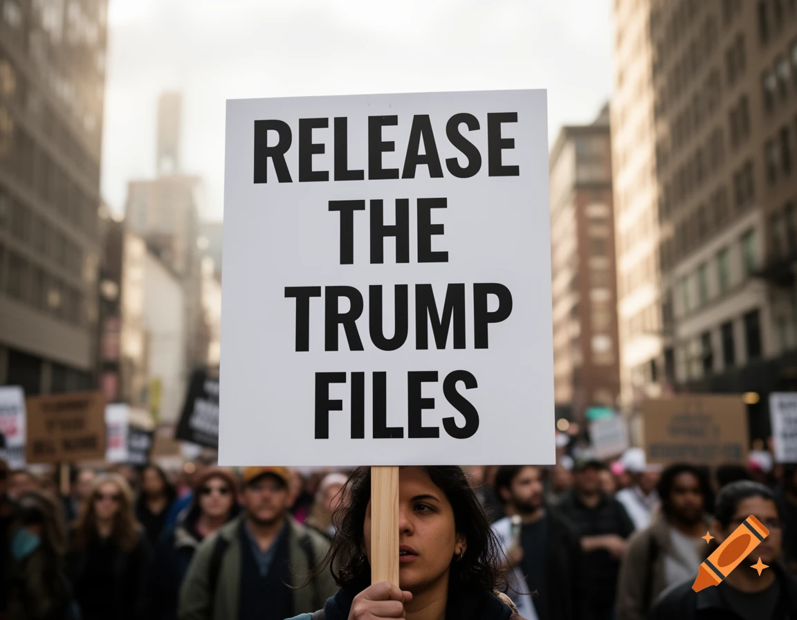 A person holds a 'RELEASE THE TRUMP FILES' sign at a photorealistic street protest in a city.