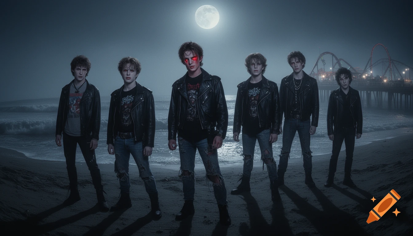 A group of six young men, reminiscent of the Lost Boys vampires, stand on a dark beach at night under a full moon, with a pier and roller coaster in the background. One figure has glowing red eyes.