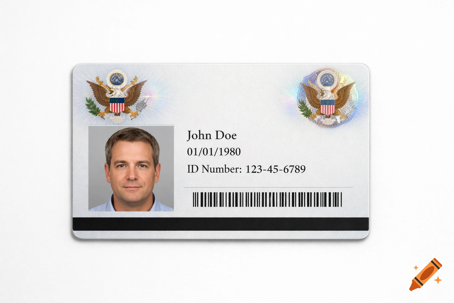 A photorealistic ID card with a photo of a man, name John Doe, birth date 01/01/1980, and ID Number 123-45-6789.