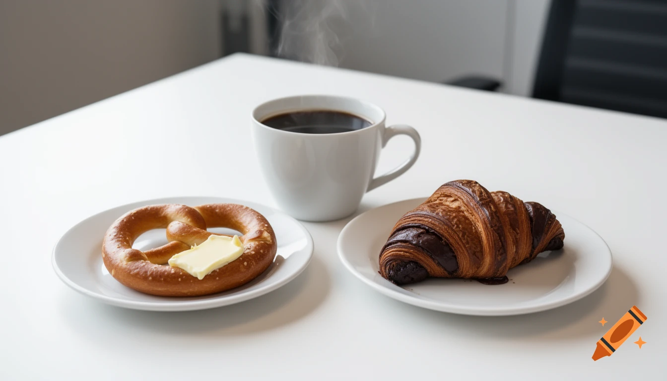A photorealistic image of a steaming cup of black coffee, a pretzel with butter on a plate, and a chocolate croissant on a plate, all on a white table.