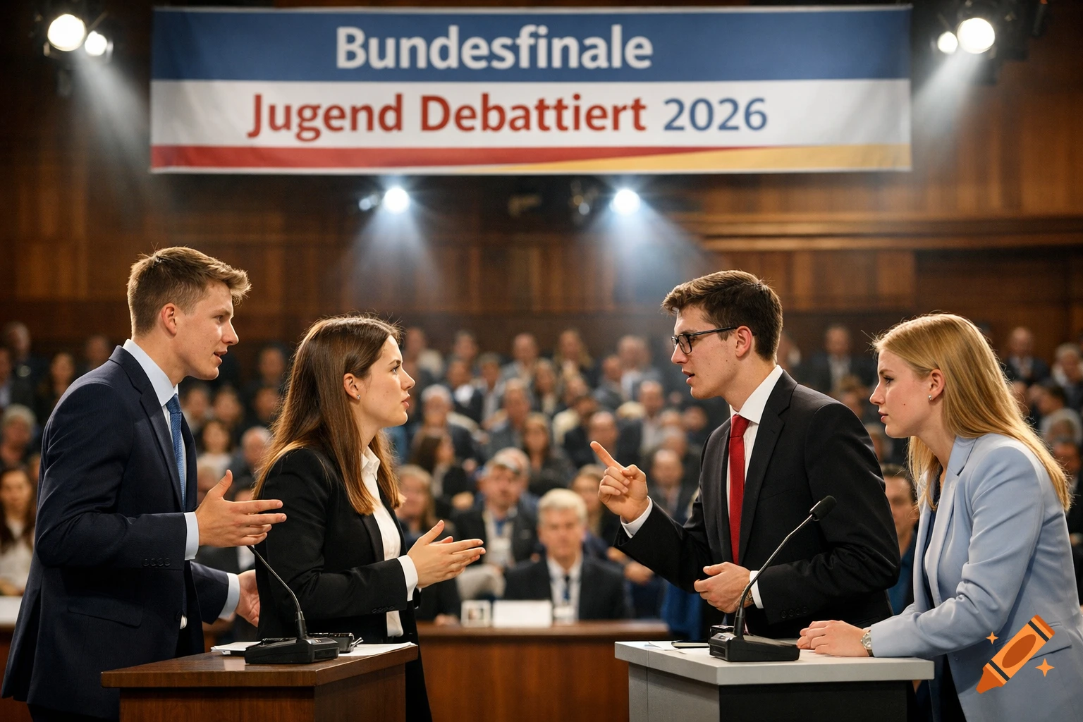 Four young people debate on a stage with a 'Bundesfinale Jugend Debattiert 2026' banner, a seated audience in background.