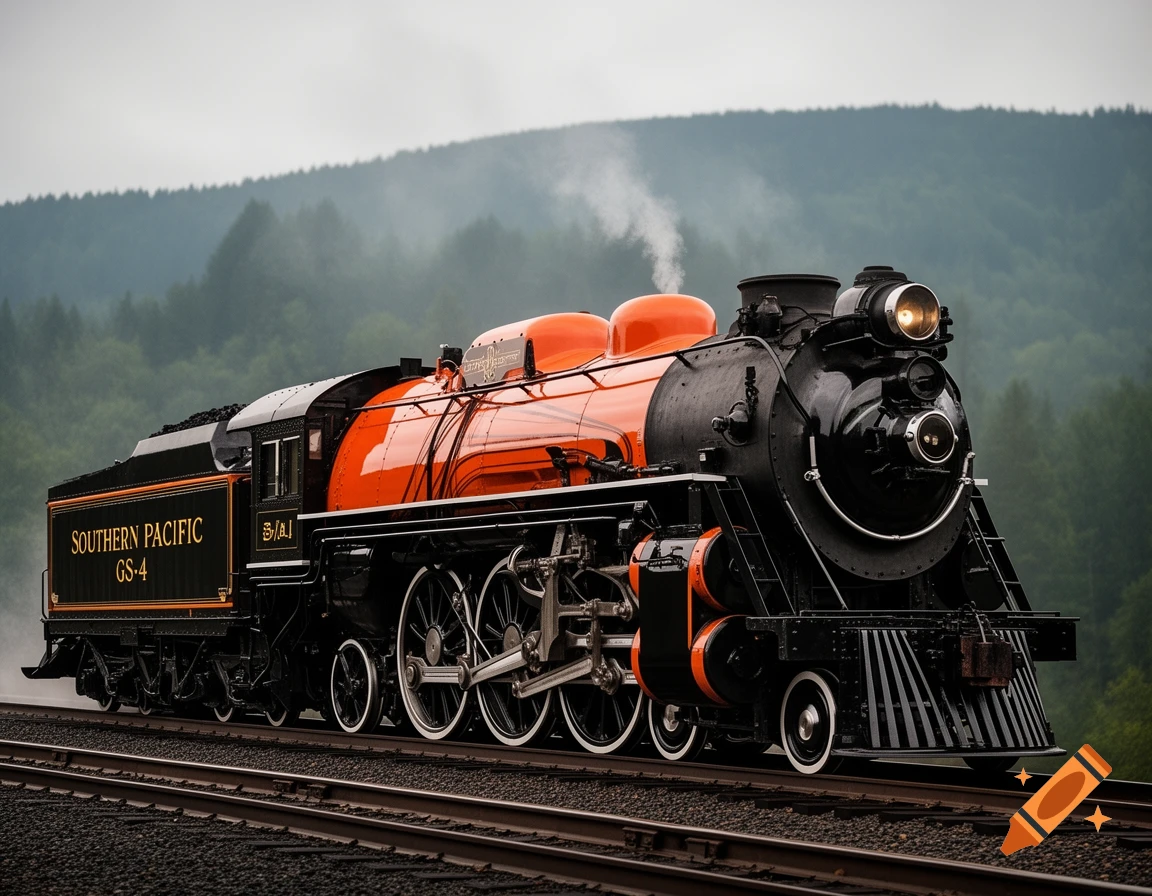 A detailed black and orange Southern Pacific GS-4 steam locomotive on tracks, with a misty forest background.