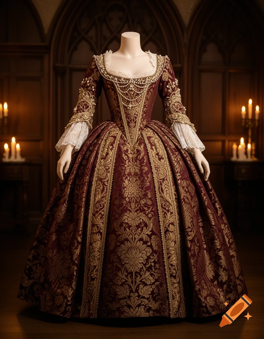 A magnificent 17th-century style red and gold brocade dress with pearls on a headless mannequin in a dark, candlelit room.