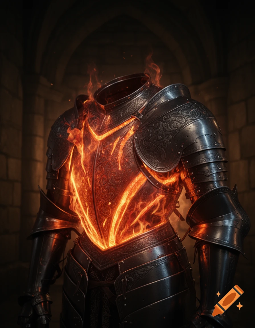 An ornate suit of dark medieval armor glows with internal orange flames in a dimly lit stone chamber.