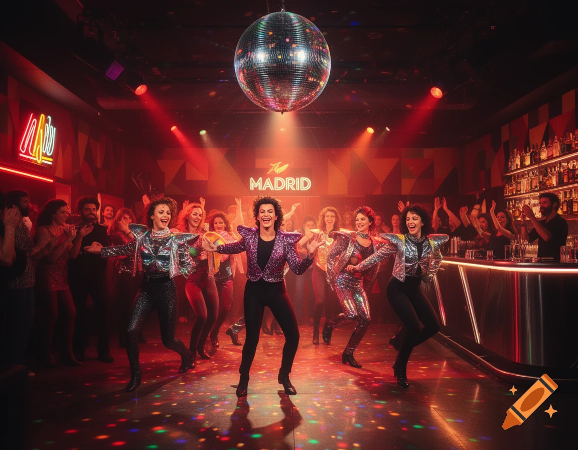 Vibrant disco scene with people dancing under a large disco ball, featuring retro 80s fashion, neon signs, and a bar.