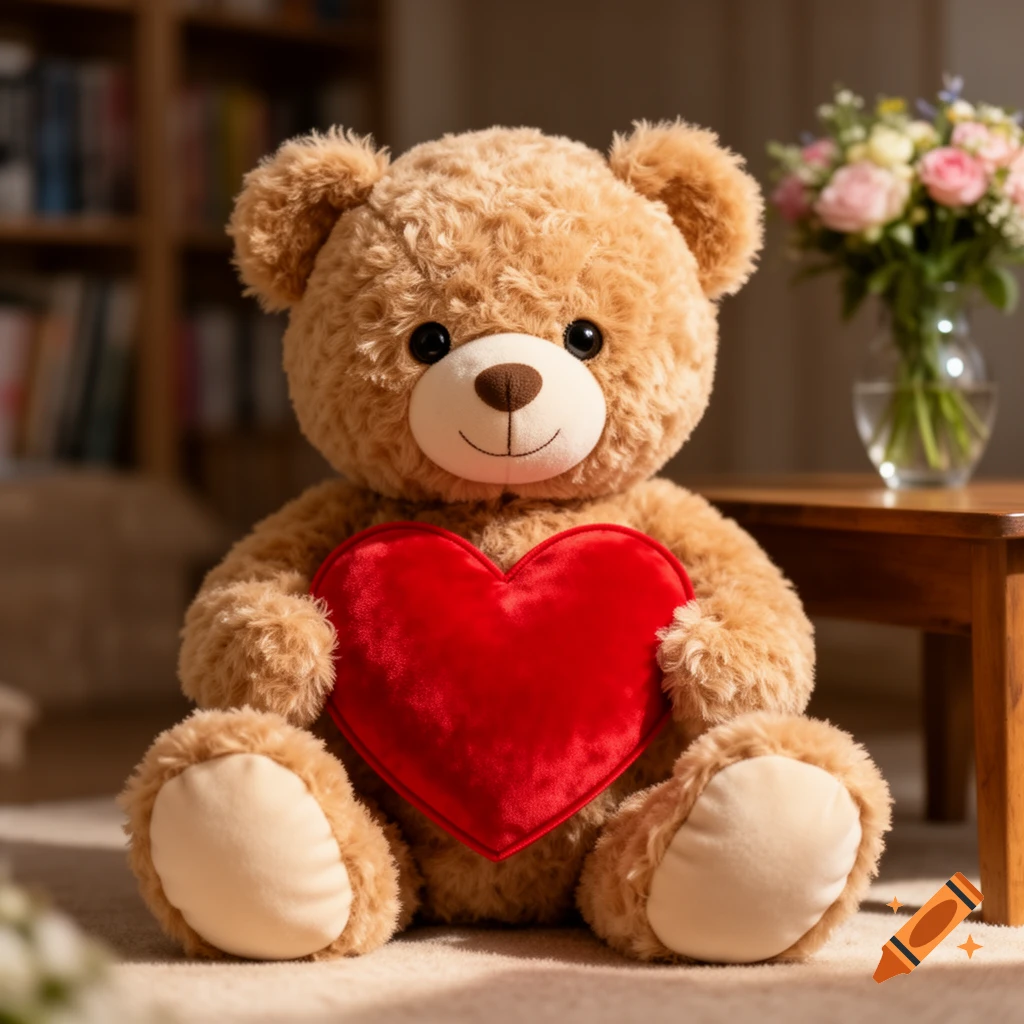 A fluffy brown teddy bear sits on a carpet, holding a red heart against its chest. A bookshelf and a vase of flowers are in the background.