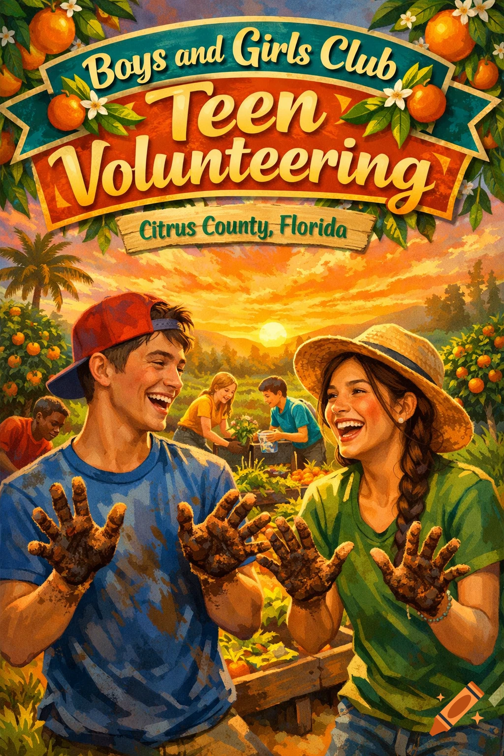 Illustration of happy teens with muddy hands volunteering in a sunny orange grove, with a 'Boys and Girls Club Teen Volunteering' banner.