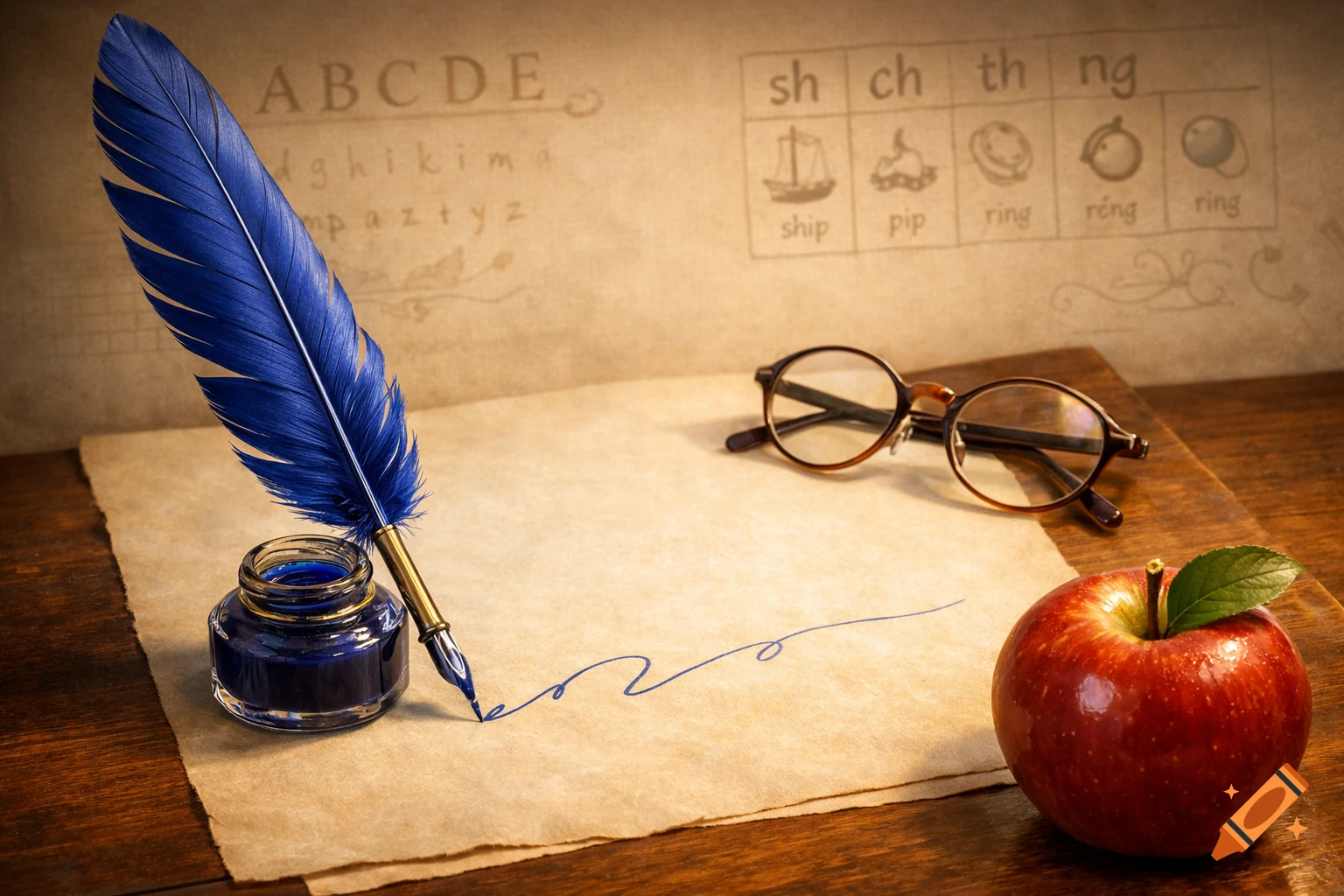 A blue quill pen dips into a blue inkwell on a parchment scroll. Next to it are eyeglasses and a red apple. A faded alphabet and phonics chart are on the background wall.
