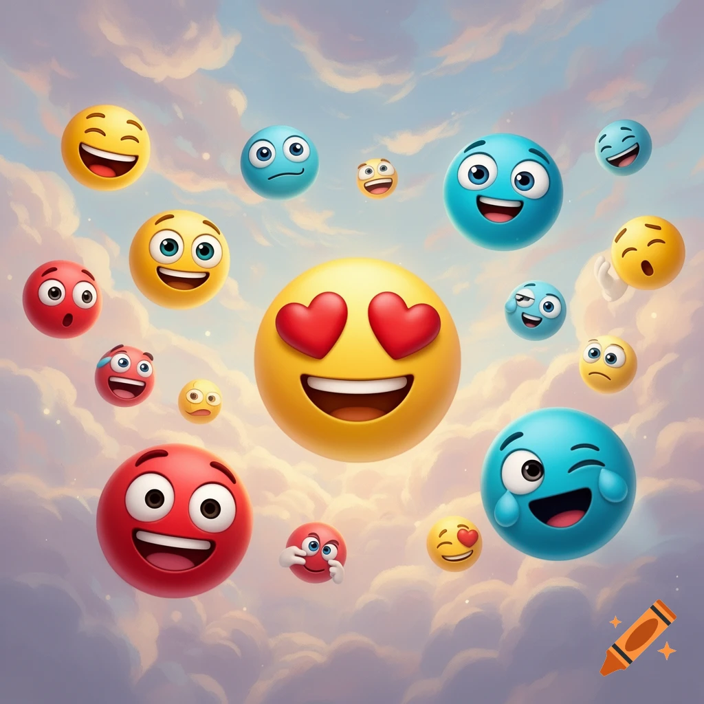 A collection of 3D rendered cartoon emojis with various expressions, floating in a blue sky with soft clouds.