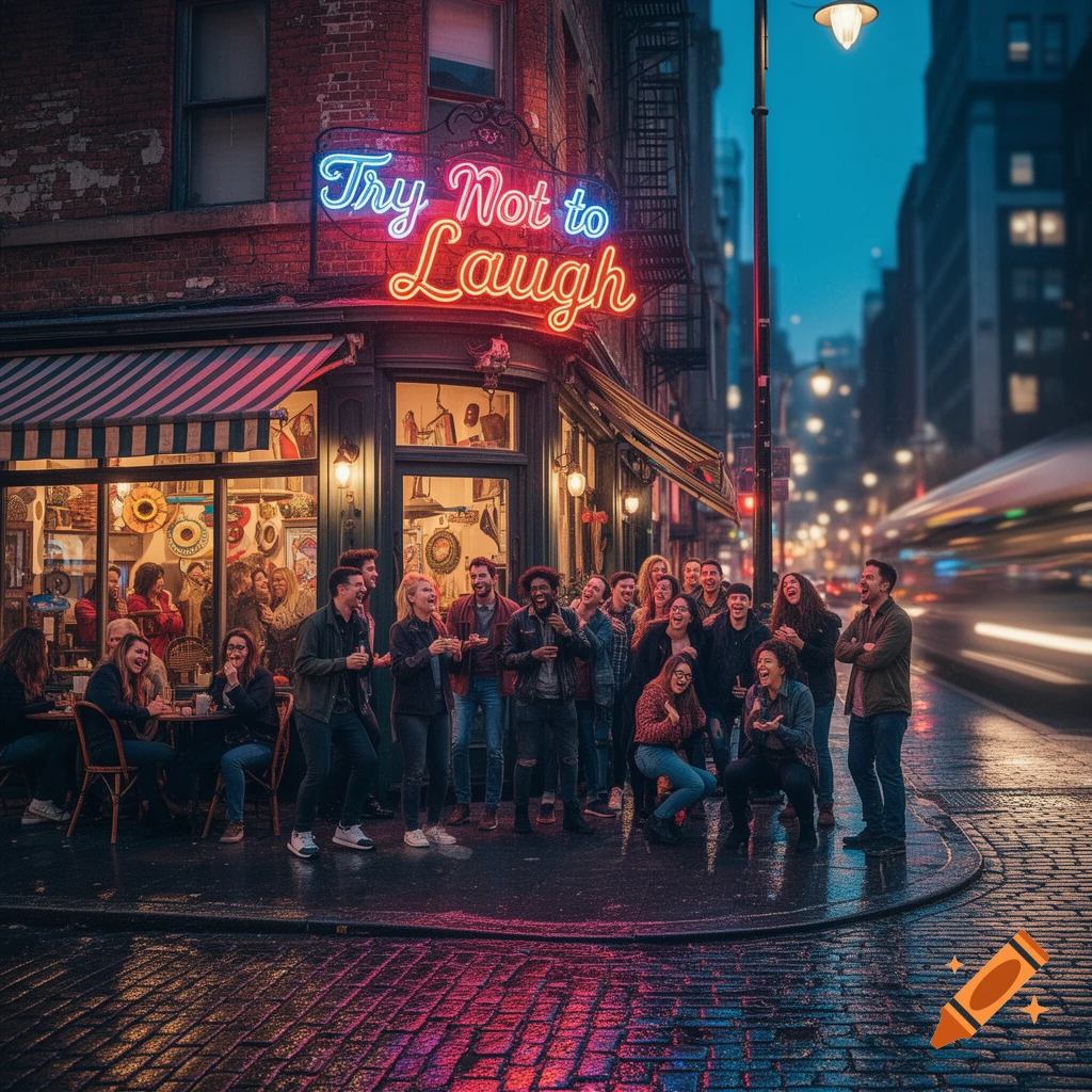 A diverse group of people laugh on a wet city street at night, illuminated by a 'Try Not to Laugh' neon sign.