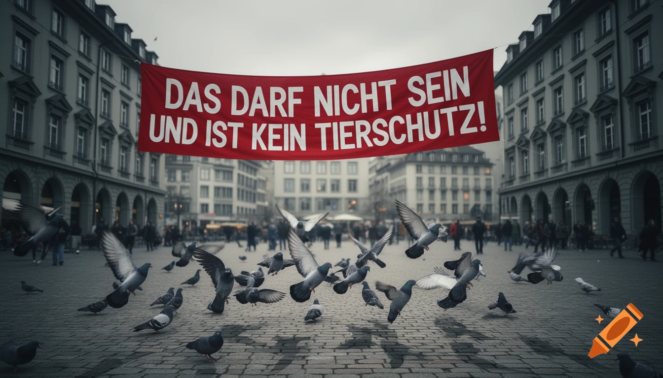 A red banner with 'DAS DARF NICHT SEIN UND IST KEIN TIERSCHUTZ!' hangs above a city square with pigeons flying and walking on the cobblestones.