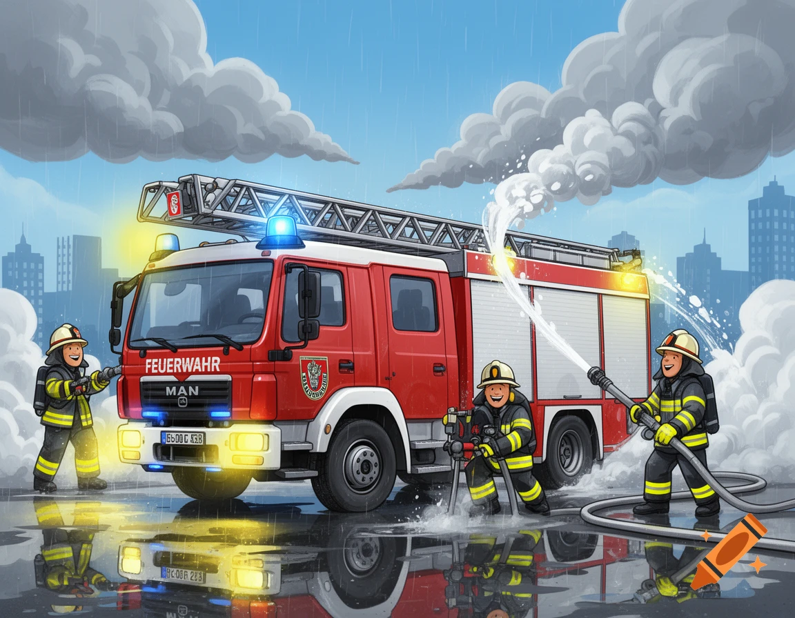 A red German fire truck with flashing lights, with three cartoon firefighters spraying water on a wet street. City buildings and storm clouds are in the background.