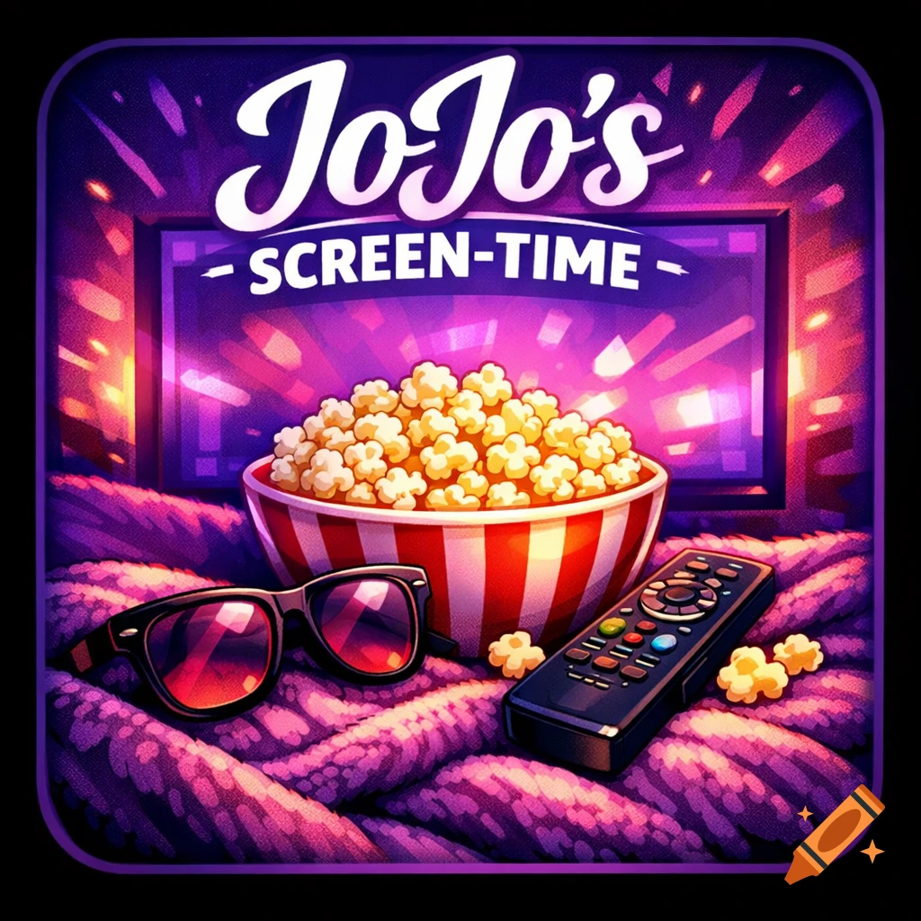 Cartoon logo for "JoJo's SCREEN-TIME" featuring a bowl of popcorn, 3D glasses, and a remote on a blanket in front of a glowing TV.
