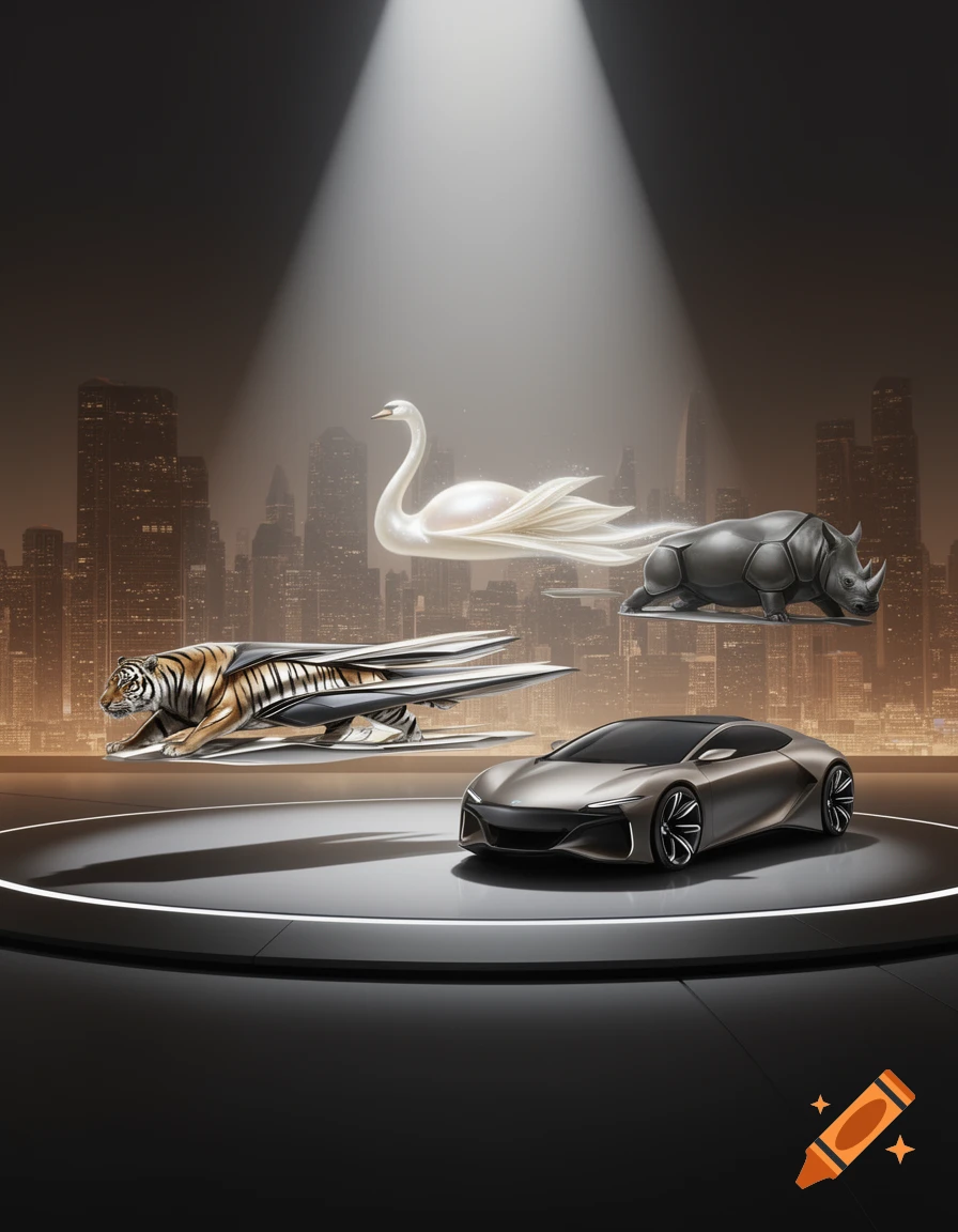 A futuristic car on a circular platform under a spotlight, with metallic designs of a swan, rhino, and tiger floating above a city skyline.