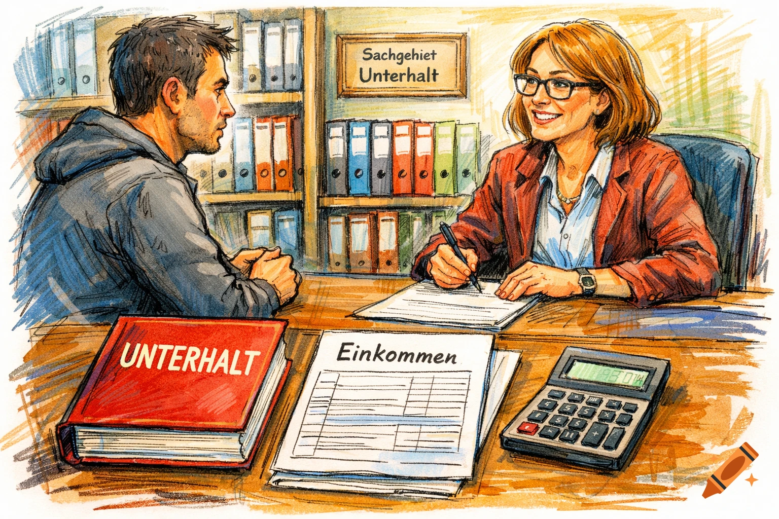 A man meets with a smiling female legal clerk in an office, sitting at a desk with a book titled 'UNTERHALT', an 'Einkommen' form, and a calculator. It's a colorful line drawing.