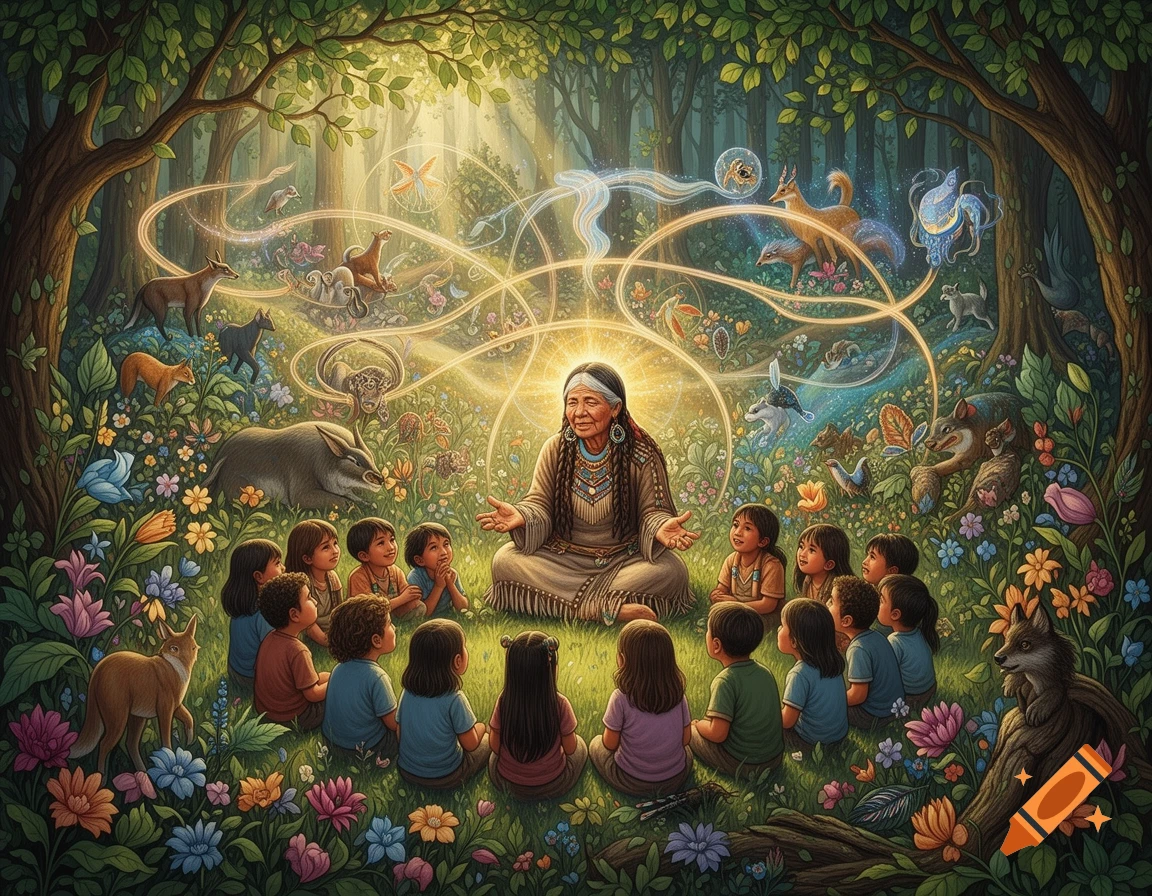Mural-style illustration of an Indigenous Elder teaching children in an enchanted forest with animals and glowing energy.