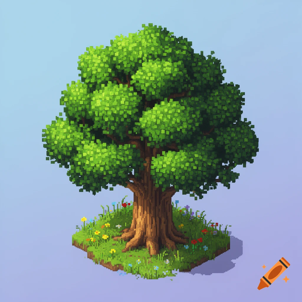 An isometric pixel art illustration of a lush green tree with a brown trunk, standing on a small patch of grass with colorful flowers.