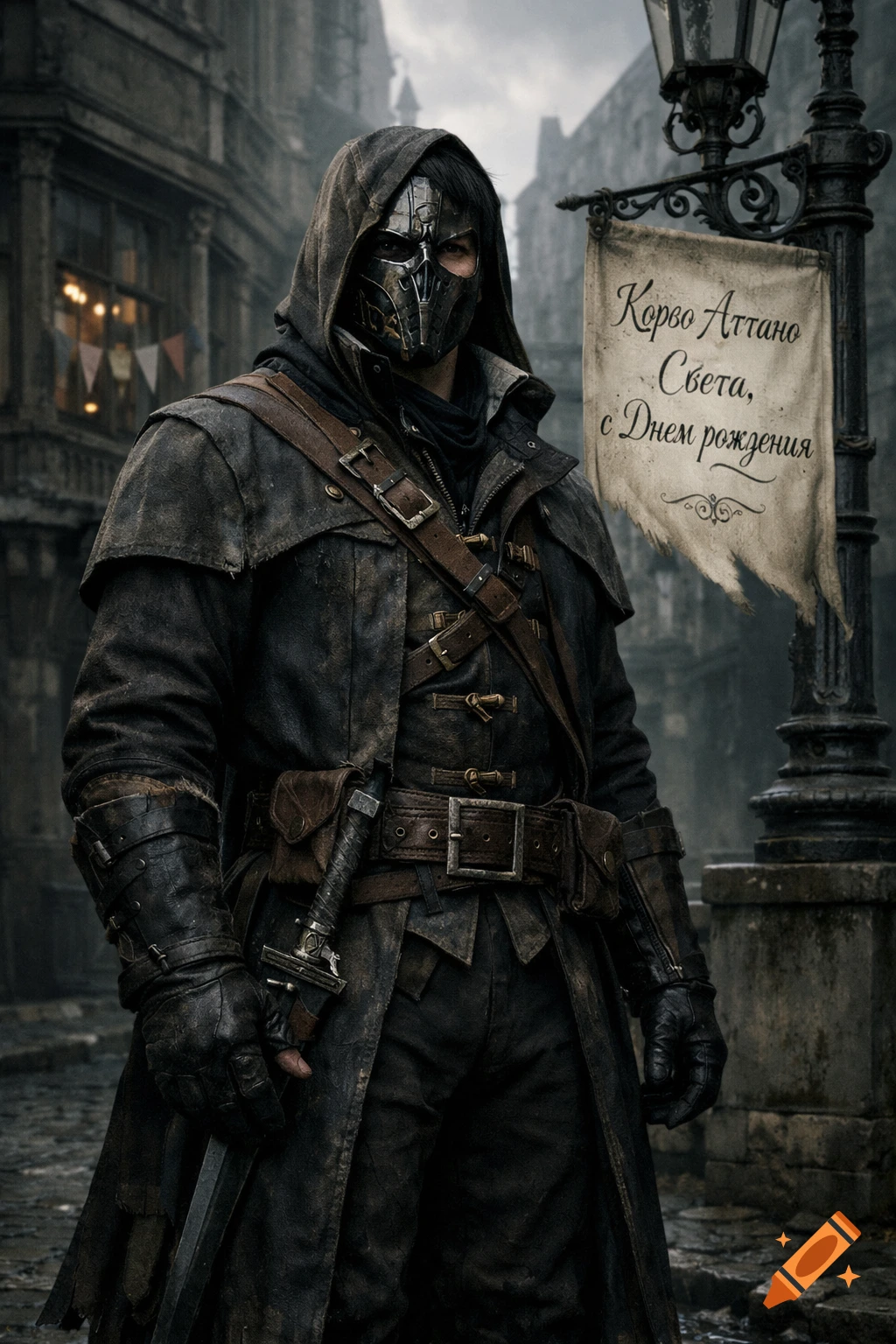 A masked warrior in dark, weathered armor and hood stands on a gloomy city street with a banner on a lamppost.