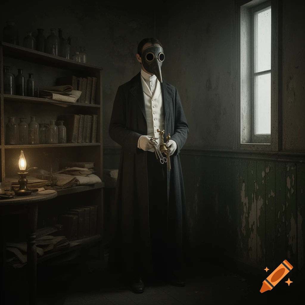 A plague doctor in a beak mask, long coat, and gloves stands in a dark ...