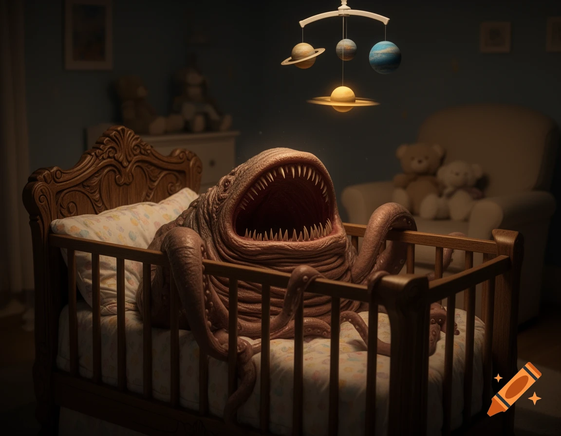 A grotesque, tentacled monster with a fanged mouth sits in a wooden baby crib, under a solar system mobile in a dimly lit nursery.