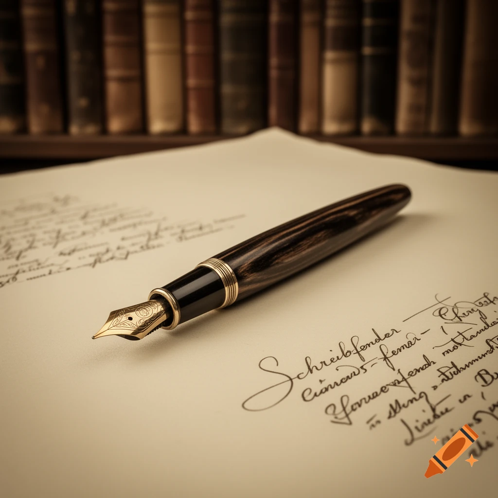 A close-up shot of a dark wood fountain pen resting on an old paper with handwritten cursive text, with blurred antique books in the background. Photorealistic style.