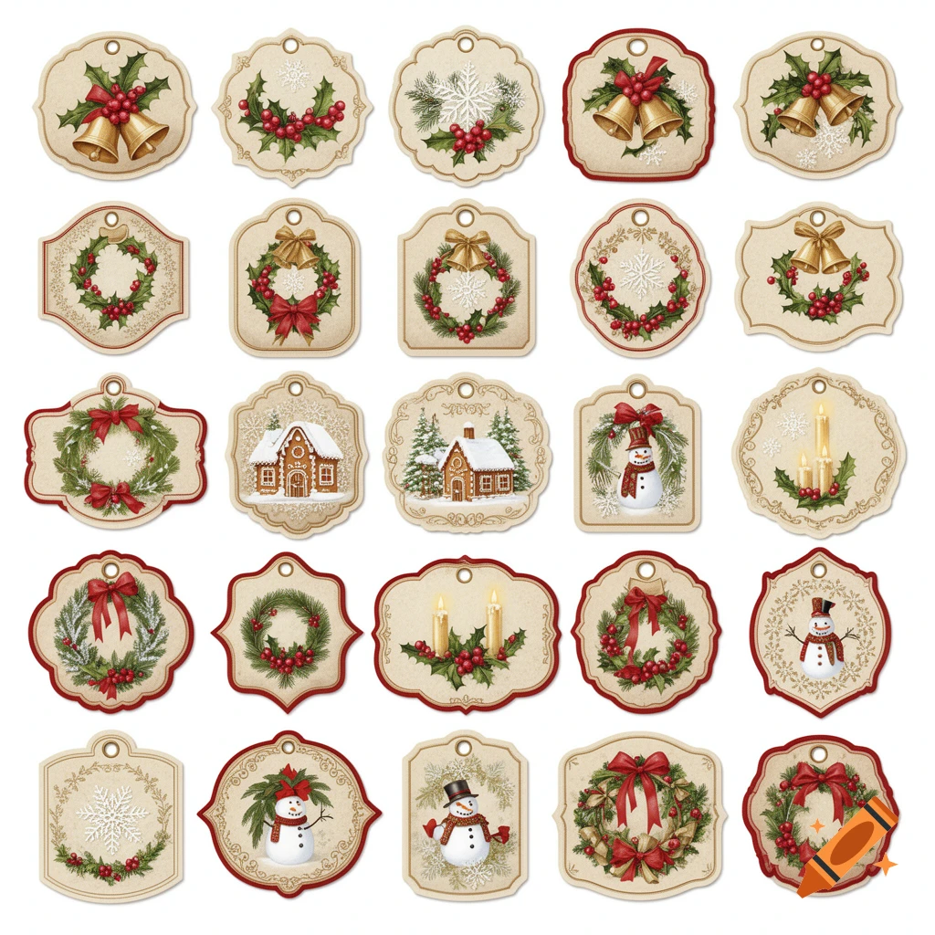 A collection of 20 festive Christmas illustration tags featuring holly, bells, wreaths, gingerbread houses, snowmen, and snowflakes on a white background.