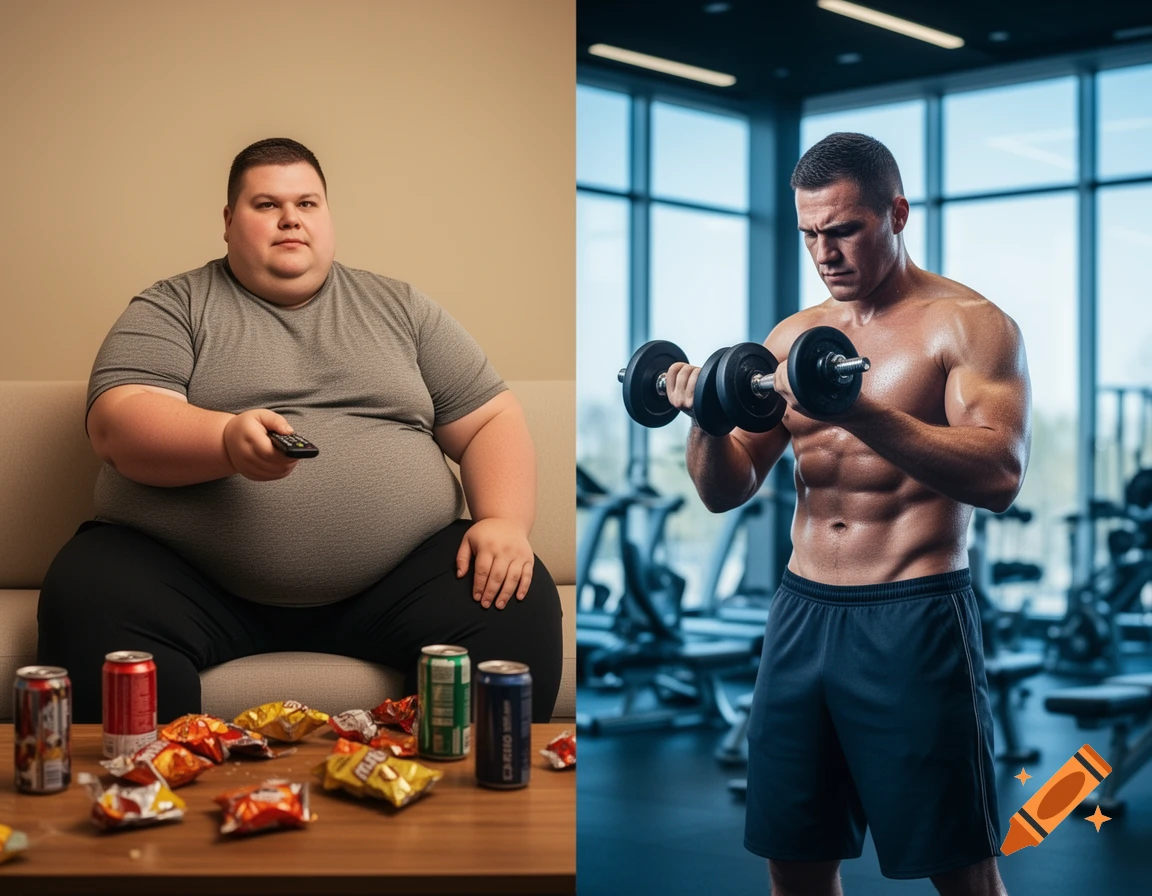 Split image showing an obese man on a couch with snacks on the left, and a muscular man lifting weights in a gym on the right.