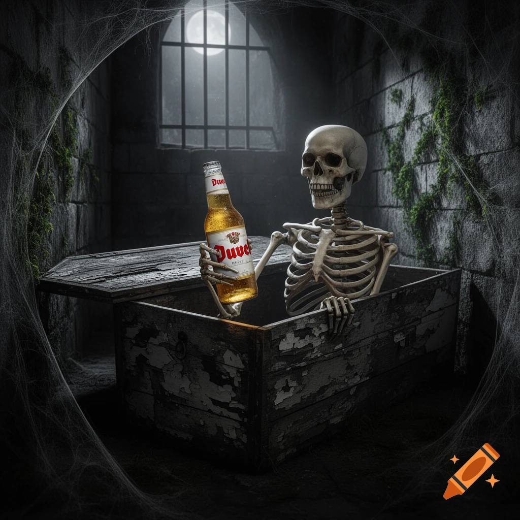 Photorealistic skeleton sits up in an open wooden coffin, holding a Duvel beer bottle in a dark, cobwebbed dungeon.