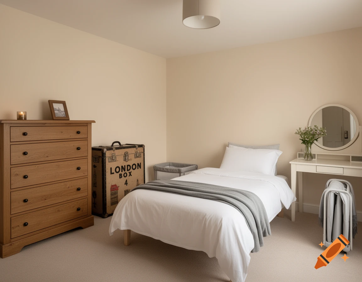 A bright, organized bedroom featuring a wooden dresser, a London Box trunk, a single bed, a bassinet, and a white vanity.