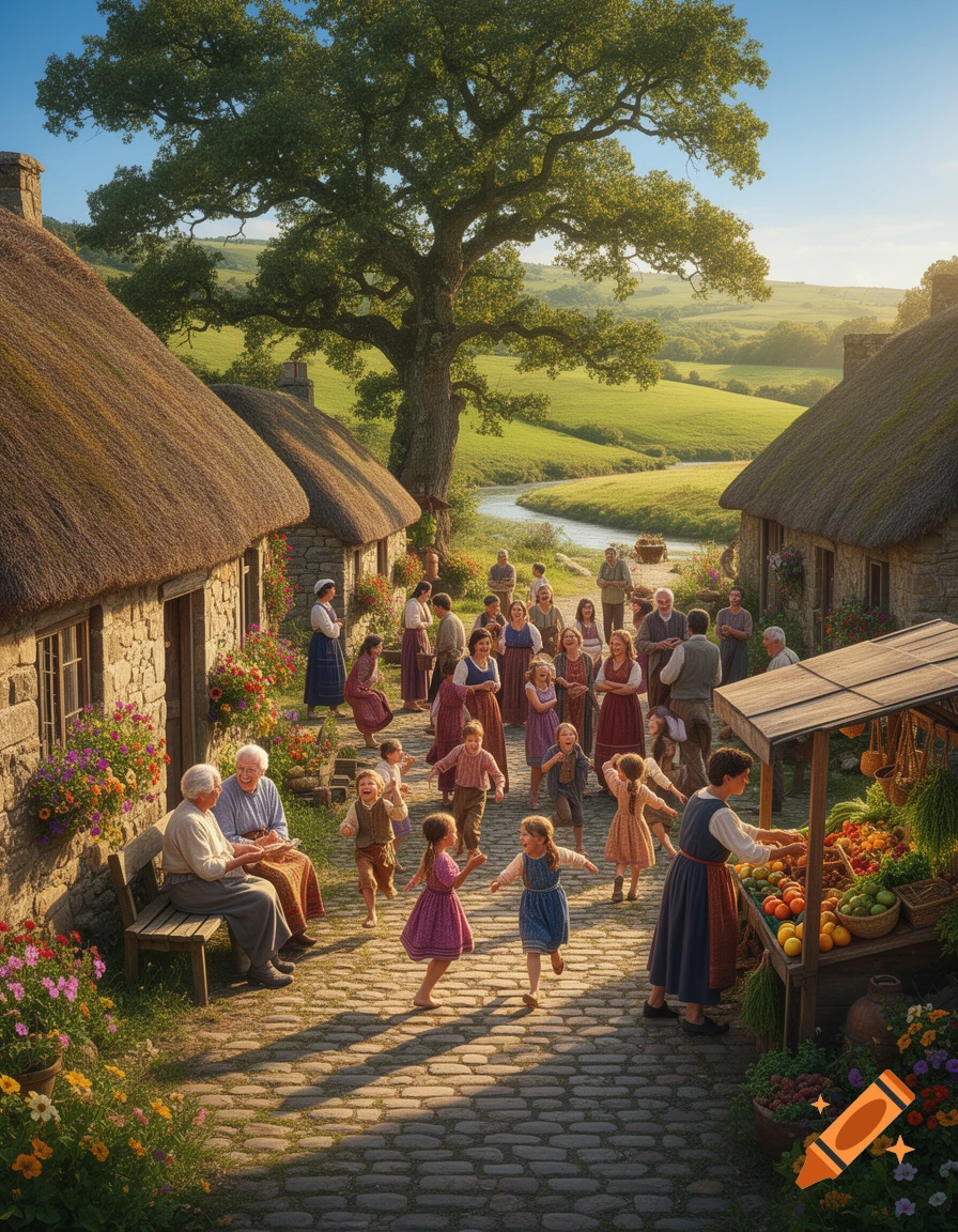 A bustling village scene with people, children playing on a cobblestone street, a fruit stand, thatched-roof houses, and a green valley.