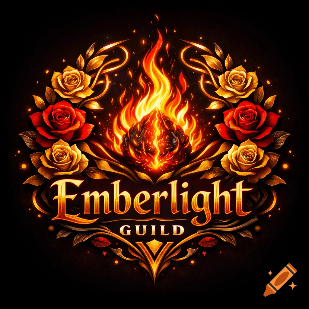 Emberlight Guild logo featuring a fiery ember, surrounded by red and gold roses and intricate golden flourishes on a dark background.