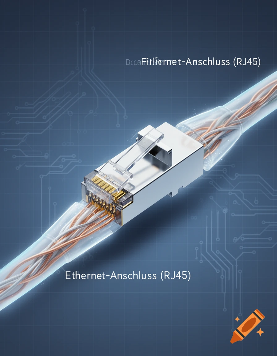 A close-up, cutaway view of an RJ45 Ethernet connector showing the internal wires and metallic shielding against a circuit board background.