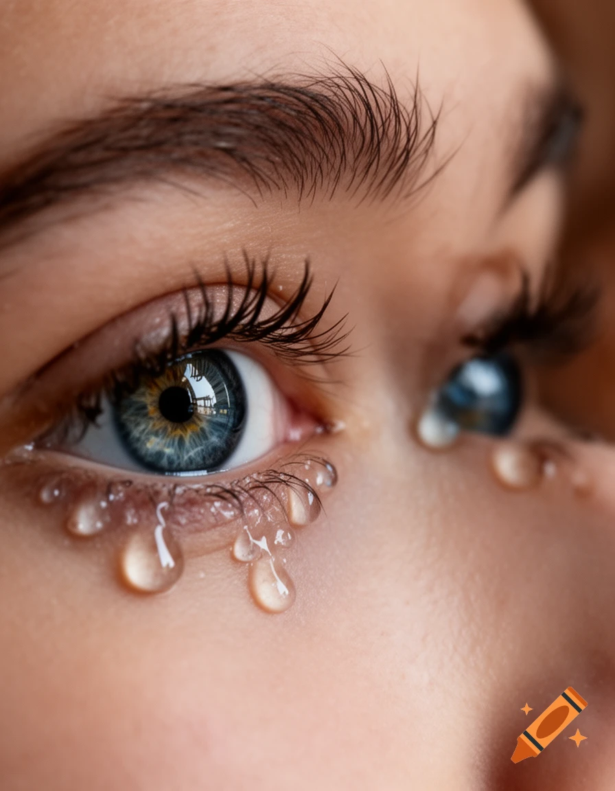 A close-up, photorealistic image of a person's blue eye with tears streaming down the cheek.