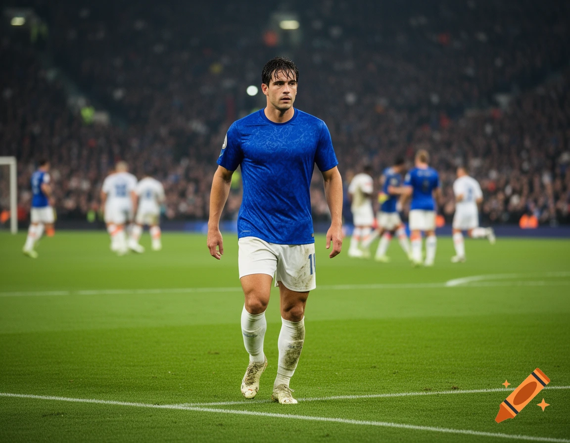 A male soccer player in a blue jersey and white shorts walks on a green field in a stadium, photorealistic style.