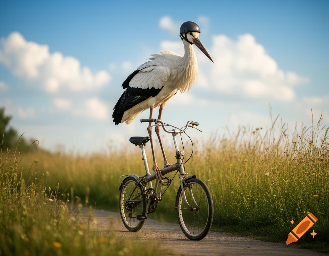 A photorealistic stork wearing a helmet rides a bicycle down a dirt path through a grassy field under a blue sky.