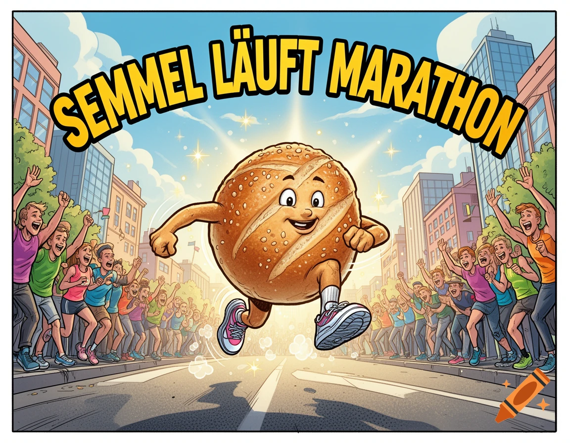 Comic illustration of a smiling bread roll character running a marathon past cheering crowds, with text 'SEMMEL LÄUFT MARATHON' above.