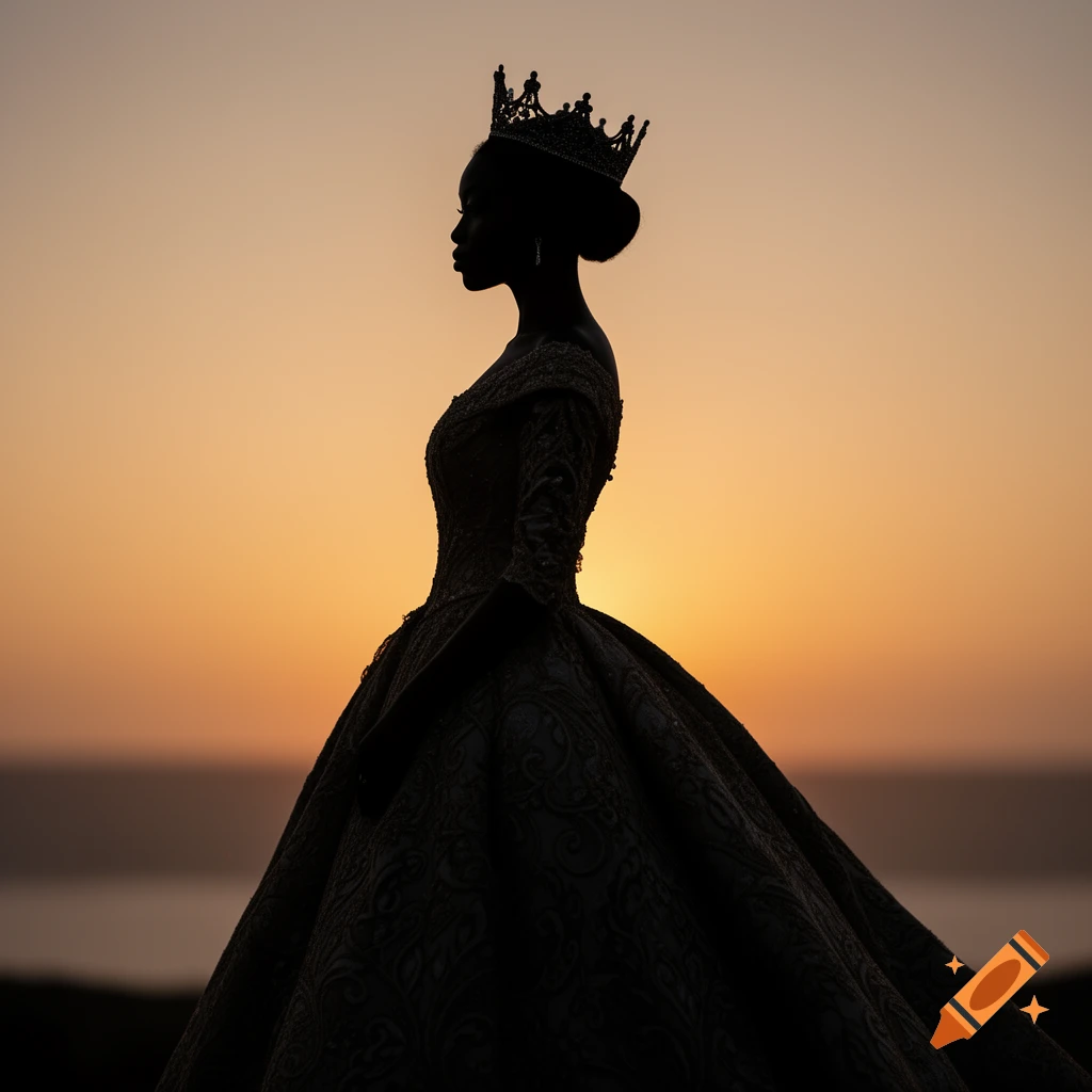 Silhouette of a queen in an elaborate gown and crown, against a vibrant orange and yellow sunset.