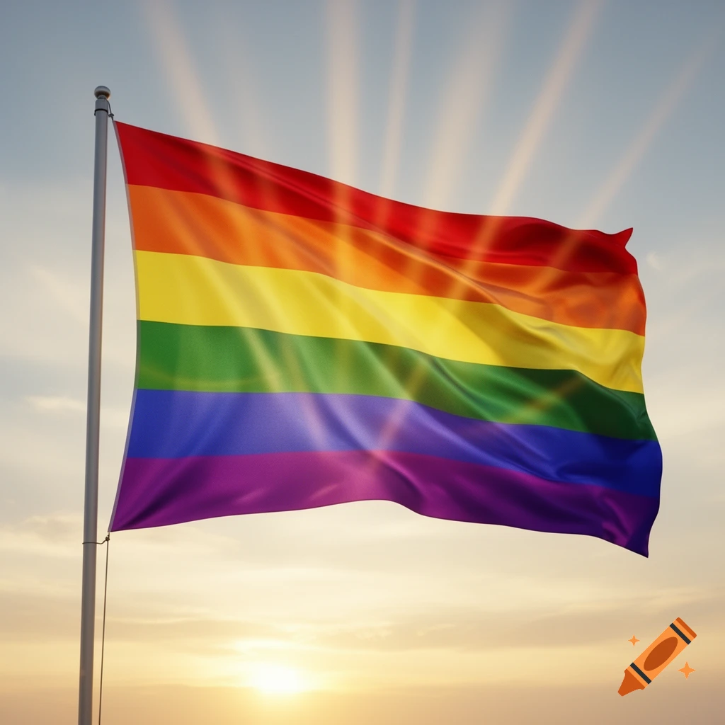 A colorful rainbow flag waves on a flagpole against a bright sky with sunbeams.