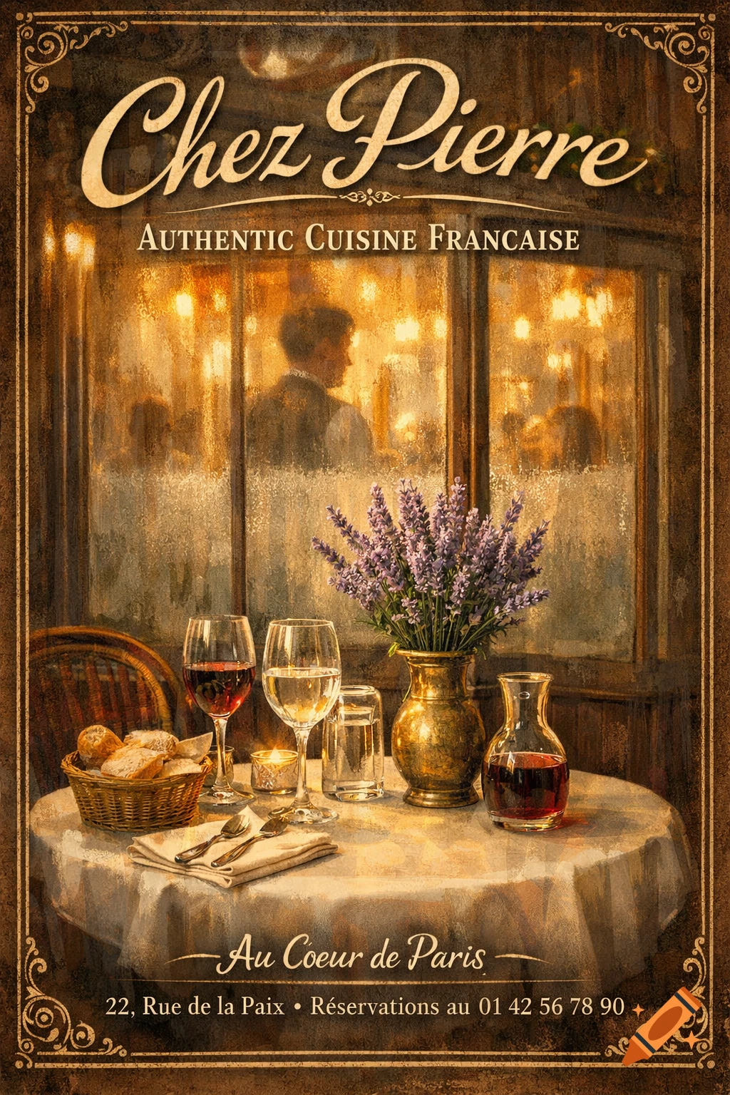 Vintage painterly poster for a French restaurant, 'Chez Pierre,' with a table set with wine, flowers, and bread in front of a window view.