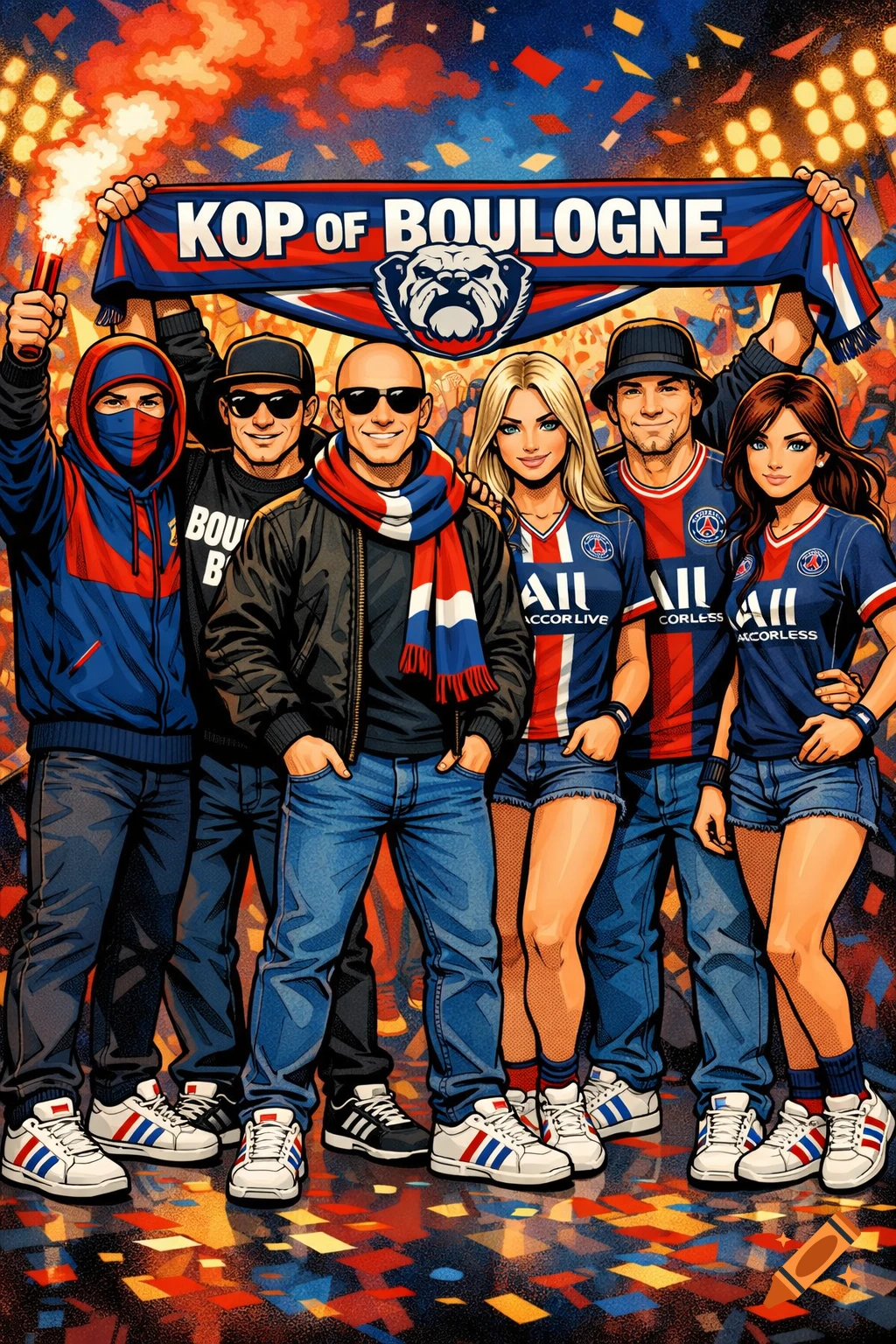 Comic book style illustration of a group of six football fans, including men and women, holding a banner that says "KOP OF BOULOGNE" with a bulldog logo, and one fan holding a red flare. They are dressed in blue, red, and white club colors.