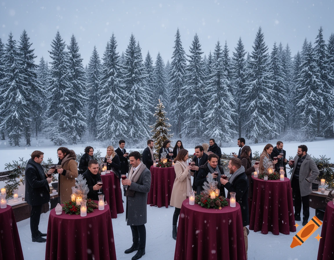Guests in winter coats socializing at an outdoor Christmas party with decorated tables in a snowy forest.